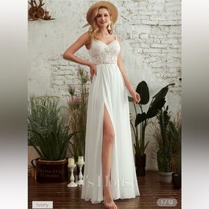 A-Line V-neck Floor-Length Wedding Dress With Beading Split Front